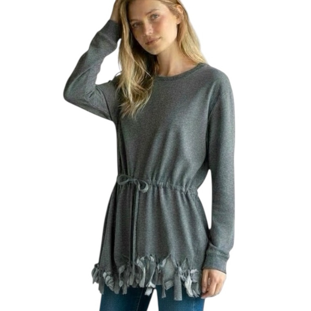 Norma Kamali Altered Fringe Knotted Hem Tunic Sweatshirt Heather Gray